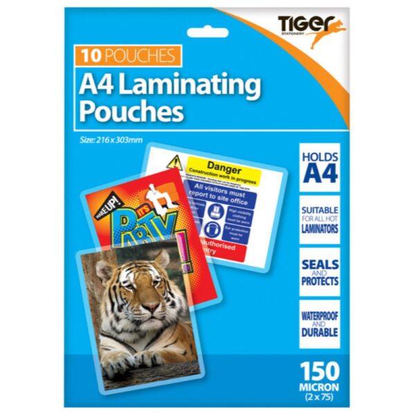 Tiger Stationery A4 Laminating Pouches, 150 Micron, Pack of 10