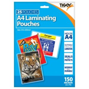 TIGER STATIONERY A4 LAMINATING POUCHES 150 MICRON, PACK OF 25