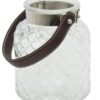 Transparent Seeded Glass Hurricane Lantern with Brown Fabric Handle