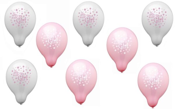 Twelve 'It's a Girl' Pink Latex Balloons