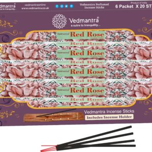 Vedmantra Red Rose Scented Incense Sticks with Holder - Pack of 120