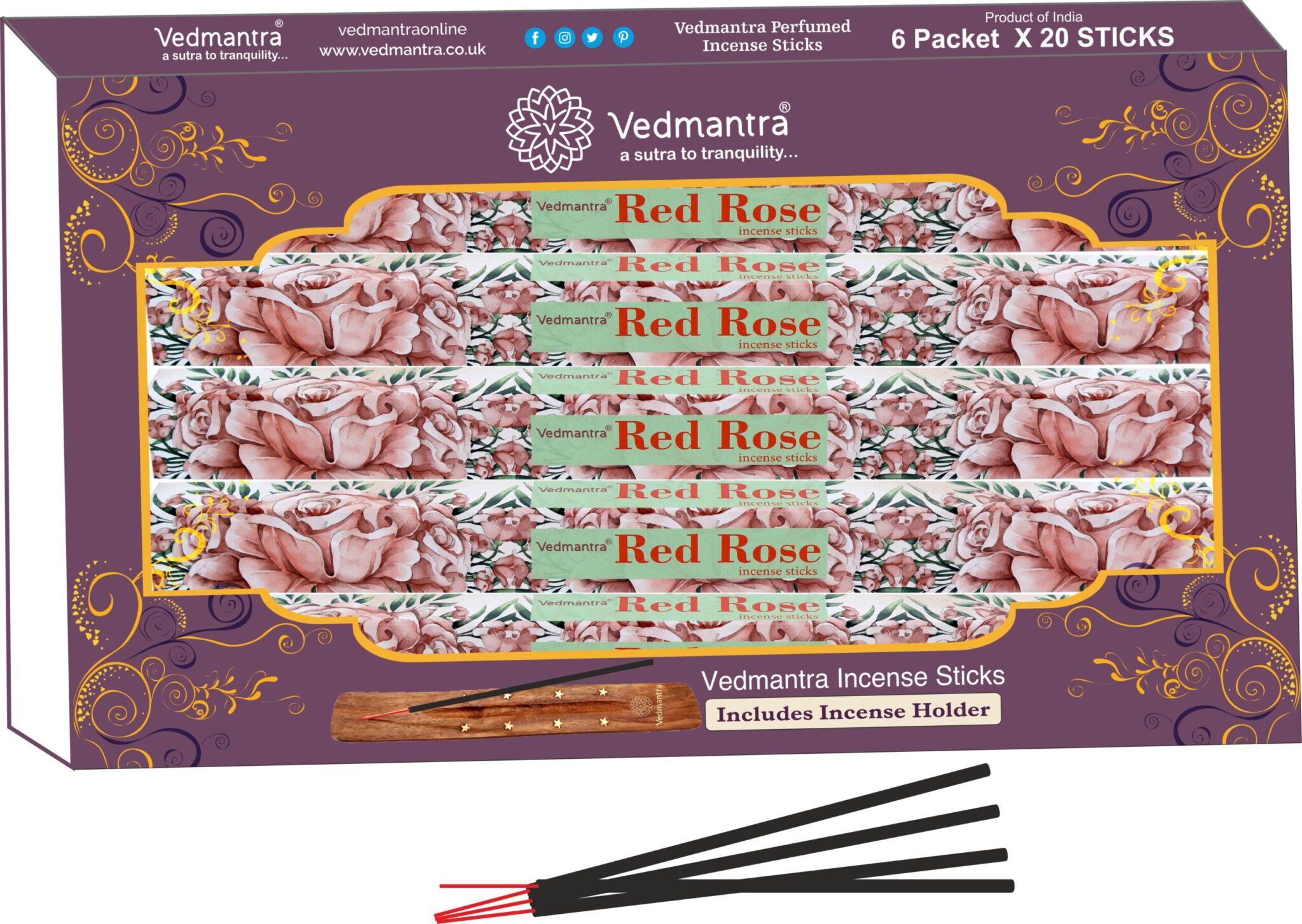 Vedmantra Red Rose Scented Incense Sticks with Holder - Pack of 120