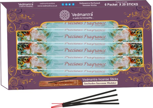 VEDMANTRA SCENTED INCENSE STICKS WITH HOLDER - 120 PACK, PRECIOUS FRAGRANCE