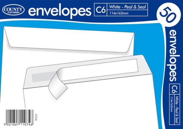 White C6 Peel & Seal Envelopes - 114 x 162mm, Pack of 50