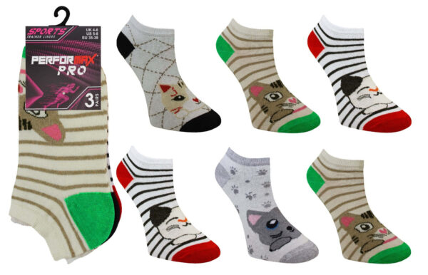 Women's Trainer Socks with Cat Design (3 Pairs)