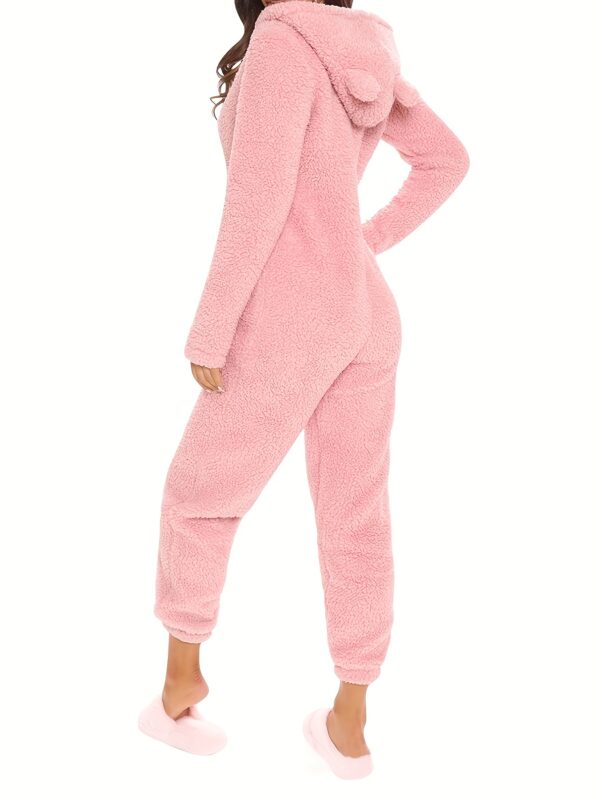Fuzzy Hooded Pajama Jumpsuit For Music Festival, Comfy & Cute Long Sleeve Zipper Pajamas, Women's Lingerie & Sleepwear - Image 5