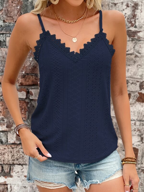 Eyelet Contrast Lace Cami Top, Casual V-neck Spaghetti Strap Top For Summer, Women's Clothing For Coquette/Cute/Y2K Style - Image 34