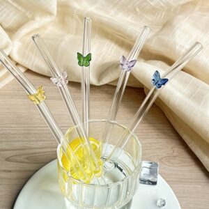 1pc/5pcs Butterfly Pattern Glass Straws - Spring Floral Theme, Heat-Resistant Curved Straws for Cold Drinks, Milk Tea, Juice, Perfect Mother’s Day Gift for Mom, Wife, and Girlfriend, Food-Safe Glass Material