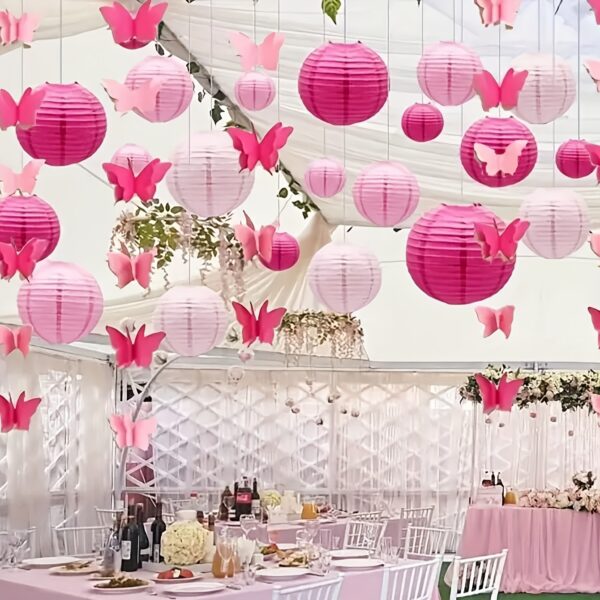 19pcs Pink Paper Lanterns, Pink Pom Poms, Pink Butterfly Garlands, Hanging Paper Balls, Lanterns, Garlands, Wedding Party Background Decoration, Suitable for Wedding Party Bride Bedroom Decoration, Wedding Banquet Decoration, Anniversary Decoration, Birth - Image 2