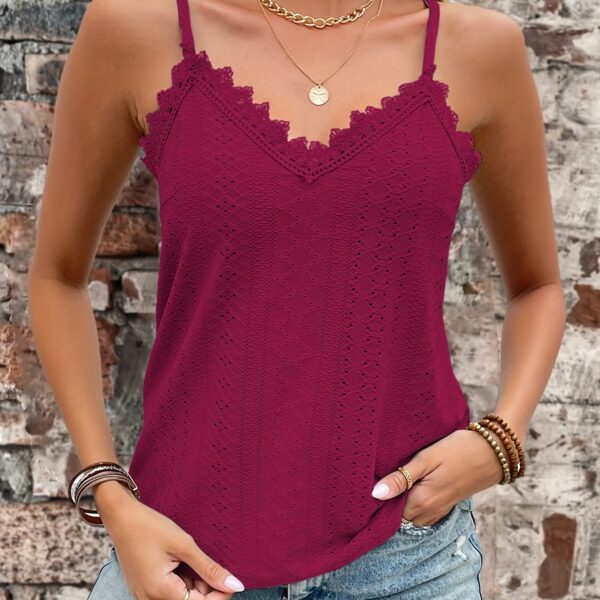 Eyelet Contrast Lace Cami Top, Casual V-neck Spaghetti Strap Top For Summer, Women's Clothing For Coquette/Cute/Y2K Style - Image 16
