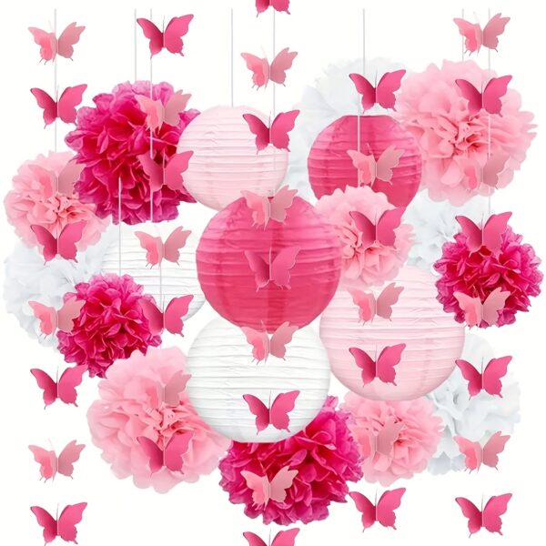 19pcs Pink Paper Lanterns, Pink Pom Poms, Pink Butterfly Garlands, Hanging Paper Balls, Lanterns, Garlands, Wedding Party Background Decoration, Suitable for Wedding Party Bride Bedroom Decoration, Wedding Banquet Decoration, Anniversary Decoration, Birth - Image 5