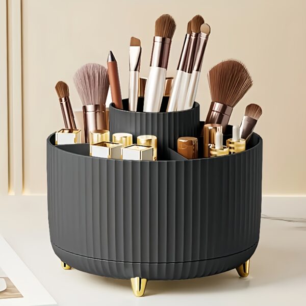 360° Rotating Makeup Organizer - 1pc Plastic Cosmetic Storage with 5 Compartments - Multi-Functional Holder for Brushes, Lipsticks, Skin Care Products, and Stationery - Durable Unscented Desk Caddy with Luxury Stripe Design - Image 10