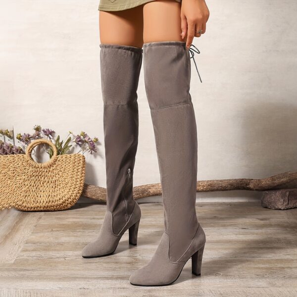 Women's Solid Color Block Heeled Boots, Fashion Side Zipper Dress Pumps, Stylish Over The Knee Boots - Image 7