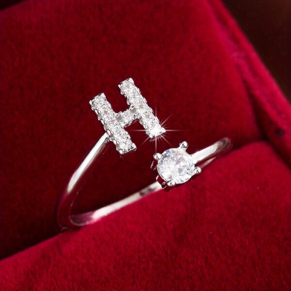 Adjustable Copper Ring With Four-claw Round Zirconia, Featuring The 26 English Letters Of Fashion Trend. - Image 46
