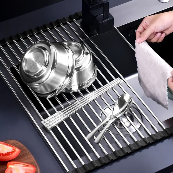 1pc Deluxe Roll-Up Stainless Steel Dish Drying Rack - Space-Saving, Multifunctional, Over-The-Sink Design, Portable, Rollable, Anti-Rust, Easy to Clean, Kitchen Sink Organizer, Tool, and Mat - Perfect for Small Kitchens, Dish Drying Rack|Modern Kitchen Ac - Image 4