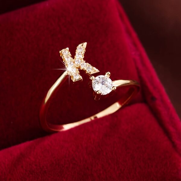Adjustable Copper Ring With Four-claw Round Zirconia, Featuring The 26 English Letters Of Fashion Trend. - Image 12