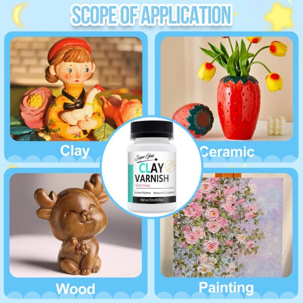 Clay Varnish with Brushes, Acrylic Varnish, Air Dry Clay Glaze, Glaze for air Dry Clay, Ceramics, Oil Painting, Wood, Waterproof, Preventing Crazing & Yellowing. - Image 2