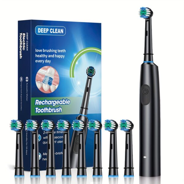 Rechargeable Automatic Smart Toothbrush for Adults - 5 Cleaning Modes, 8 Replacement Heads, USB Charging, 600mAh Lithium Battery, Ideal for Home & Travel, Perfect Gift for Students, Men, Women, Couples - Black - Image 9
