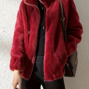 Drawstring Teddy Coat, Casual Zip Up Long Sleeve Warm Outerwear, Women's Clothing