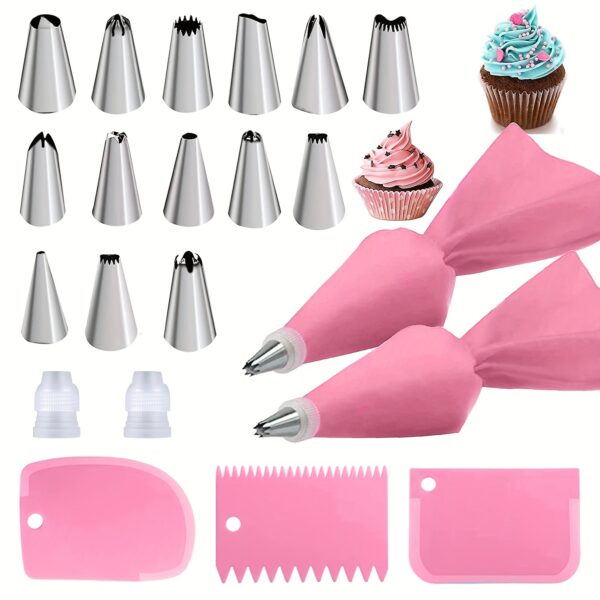 [21pcs Pink Cake Decorating Baking Set] 21pcs Pink Stainless Steel Baking Set with 14 Nozzles, 2 Converters, 2 Piping Bags, 3 Spatulas - Cake Decorating Kit for Pastry, Cupcakes, Baking Tools, Kitchen Gadgets