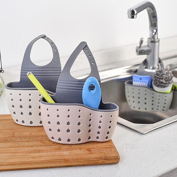 Adjustable Snap-On Sink Organizer - White Plastic Hanging Drain Basket for Sponges & Gadgets, Perfect for Kitchen & Bathroom, No Power Needed, Sponge Holder for Kitchen Sin