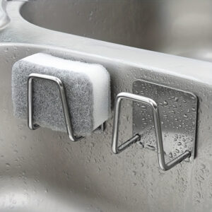 Stainless Steel No-Drill Wall Mount 1pc Sponge Holder - Dual Hooks for Sponges & Small Tools, Keeps Surfaces Clean
