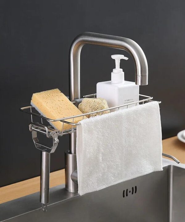 Stainless Steel Kitchen Sink Organizer Rack - Space-Saving Faucet Holder for Sponges, Soap, Towels, and Utensils with Easy Installation and Durable Construction - Image 8