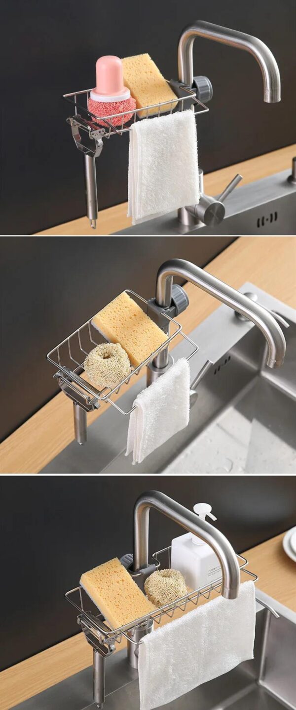 Stainless Steel Kitchen Sink Organizer Rack - Space-Saving Faucet Holder for Sponges, Soap, Towels, and Utensils with Easy Installation and Durable Construction - Image 16