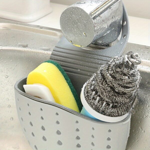 1pc Adjustable Snap Sink Sponge Holder - Durable Plastic, Space-Saving Kitchen Organizer with Drainage Basket for Dish Soap, Sponges & Utensils, White with Black & Green Accents, Dish Soap Holder|Modern Kitchen Accessory|Adjustable Snap Holder, Dish Soap