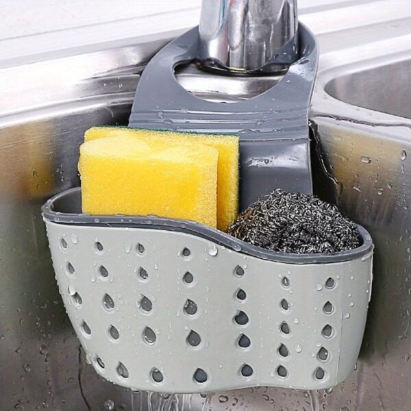 1pc Adjustable Snap Sink Sponge Holder - Durable Plastic, Space-Saving Kitchen Organizer with Drainage Basket for Dish Soap, Sponges & Utensils, White with Black & Green Accents, Dish Soap Holder|Modern Kitchen Accessory|Adjustable Snap Holder, Dish Soap - Image 2