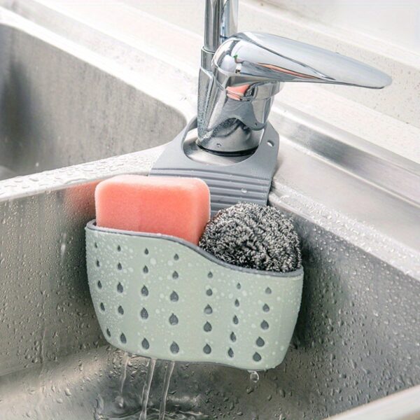 1pc Adjustable Snap Sink Sponge Holder - Durable Plastic, Space-Saving Kitchen Organizer with Drainage Basket for Dish Soap, Sponges & Utensils, White with Black & Green Accents, Dish Soap Holder|Modern Kitchen Accessory|Adjustable Snap Holder, Dish Soap - Image 4