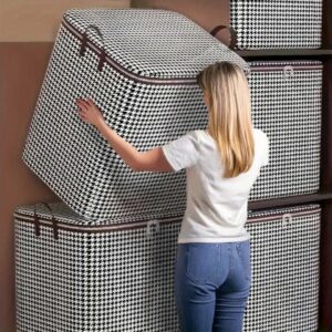3pcs Extra Large Houndstooth Storage Containers with Double Zipper & Handles - 180.0 L Capacity, Dustproof & Moisture Resistant for Clothes, Quilts, and Household Items, Stylish Black & White Pattern, Durable Non-Woven Fabric, Perfect for Closet Organization and Travel, Clothing Storage | Houndstooth Pattern | Double Zipper Feature, Closet Organizers And Storage
