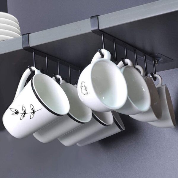 6-Hook Iron Mug Rack Under Cabinet - Space-Saving Coffee Cup Holder with Multifunctional Kitchen Utensil Storage Organizer Hanger, Sturdy Sundries Shelf Hooks for Maximizing Cabinet Storage and Reducing Clutter