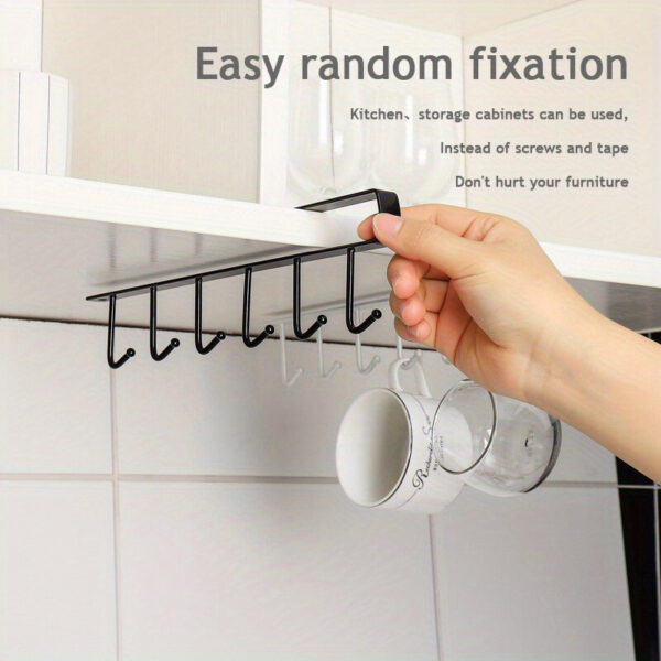 6-Hook Iron Mug Rack Under Cabinet - Space-Saving Coffee Cup Holder with Multifunctional Kitchen Utensil Storage Organizer Hanger, Sturdy Sundries Shelf Hooks for Maximizing Cabinet Storage and Reducing Clutter - Image 4