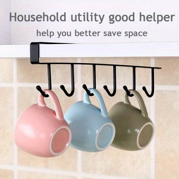 6-Hook Iron Mug Rack Under Cabinet - Space-Saving Coffee Cup Holder with Multifunctional Kitchen Utensil Storage Organizer Hanger, Sturdy Sundries Shelf Hooks for Maximizing Cabinet Storage and Reducing Clutter - Image 6