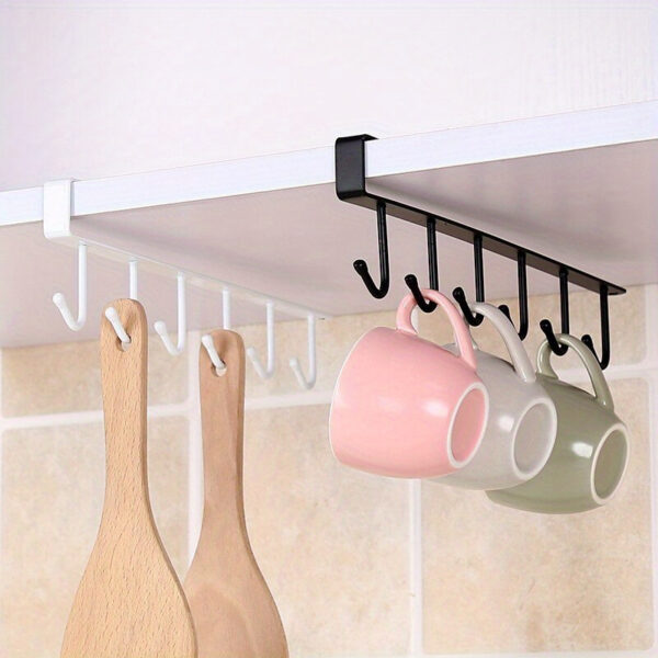 6-Hook Iron Mug Rack Under Cabinet - Space-Saving Coffee Cup Holder with Multifunctional Kitchen Utensil Storage Organizer Hanger, Sturdy Sundries Shelf Hooks for Maximizing Cabinet Storage and Reducing Clutter - Image 2