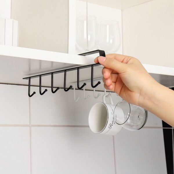 6-Hook Iron Mug Rack Under Cabinet - Space-Saving Coffee Cup Holder with Multifunctional Kitchen Utensil Storage Organizer Hanger, Sturdy Sundries Shelf Hooks for Maximizing Cabinet Storage and Reducing Clutter - Image 14