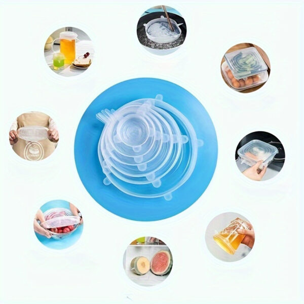 6pcs Multi-Size Silicone Stretch Lids - Reusable, Versatile Food Covers for Containers, Dishwasher & Freezer Safe - Ideal for Fruits, Vegetables, Salads | Vibrant Blue & Clear Lids - Image 6