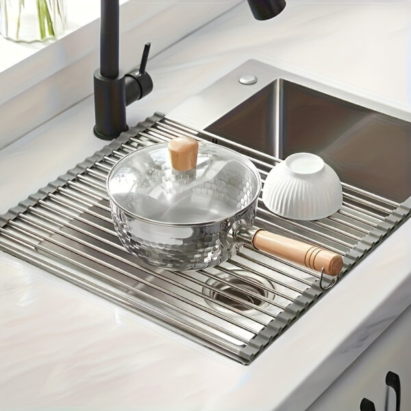 1pc Deluxe Roll-Up Stainless Steel Dish Drying Rack - Space-Saving, Multifunctional, Over-The-Sink Design, Portable, Rollable, Anti-Rust, Easy to Clean, Kitchen Sink Organizer, Tool, and Mat - Perfect for Small Kitchens, Dish Drying Rack|Modern Kitchen Ac - Image 3