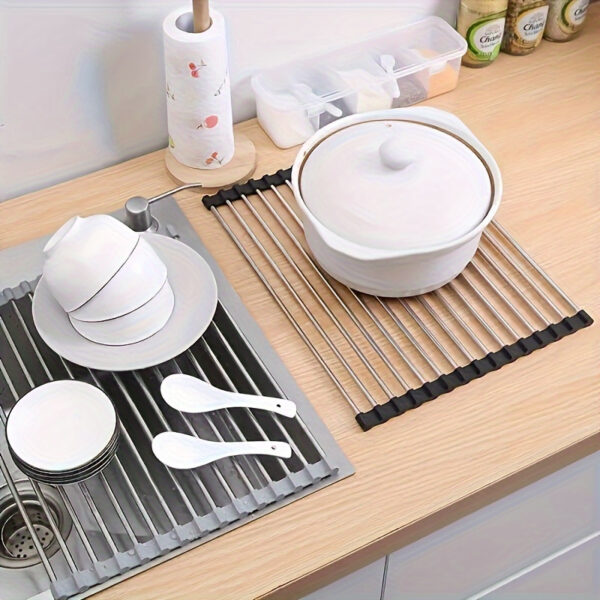 1pc Deluxe Roll-Up Stainless Steel Dish Drying Rack - Space-Saving, Multifunctional, Over-The-Sink Design, Portable, Rollable, Anti-Rust, Easy to Clean, Kitchen Sink Organizer, Tool, and Mat - Perfect for Small Kitchens, Dish Drying Rack|Modern Kitchen Ac - Image 8