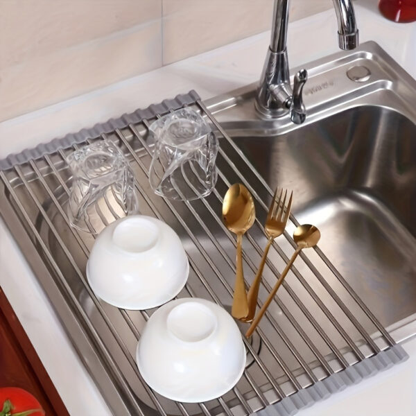 1pc Deluxe Roll-Up Stainless Steel Dish Drying Rack - Space-Saving, Multifunctional, Over-The-Sink Design, Portable, Rollable, Anti-Rust, Easy to Clean, Kitchen Sink Organizer, Tool, and Mat - Perfect for Small Kitchens, Dish Drying Rack|Modern Kitchen Ac - Image 14