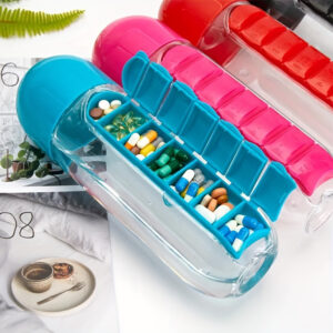 2-in-1 Portable Medicine Organizer and Water Bottle - Leak-Proof, BPA-Free PPSU, Round Plastic, 1pc - Compact for Camping, Hiking, Travel - PVC-Free Design, Hand Wash, Sealable Compartments
