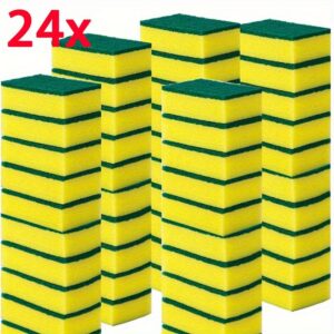 24-Pack Heavy-Duty Commercial Kitchen Sponges - High-Absorbency Dual-Layer Sand Fiber Scrub Pads with Reinforced Grip for Oil & Rust Removal - Multi-Use on Tableware, Cookware, Dishes, Cookware Cleaner | Reinforced Grip Design | Durable Scrub Pads