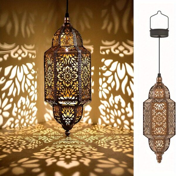 1pc Moroccan Style Solar Lantern, Polished Metal Hanging Moon Lamp, Light Sensor Controlled, Outdoor Garden Decor, Solar-Powered with 800mAh Nickel Battery, for Patio, Pathway, Yard, Porch Decor - Image 3