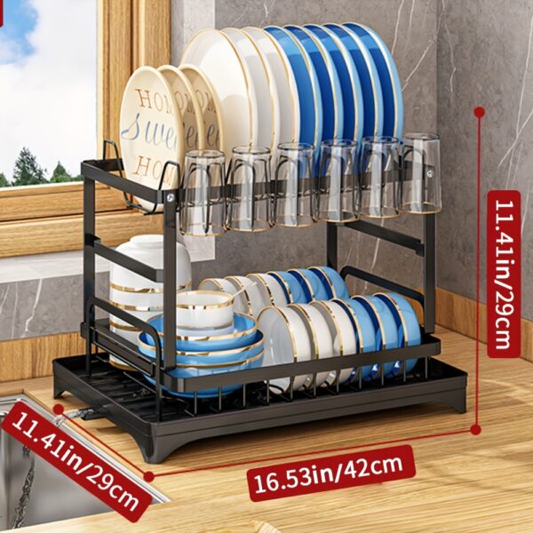 1pc Dish Drying Rack for Kitchen Counter Over The Sink, Detachable Larger Capacity 2-Tier Dish Drying Rack Drainboard with Double-Layer Bowl Rack, Cup Rack, Drain Board, Sticky Board Rack, Cutlery Rack, Black & White - Image 6