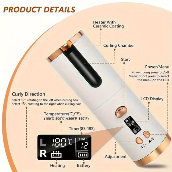 5 Heat Settings Ceramic Auto-Curler for Luscious Locks - Anti-Scald, Tangle-Free, Quick Charge USB Rechargeable Lithium Battery - Perfect for Styling, Special Occasions, and as an Elegant Gift with Luxurious Gift Box Included - Image 8