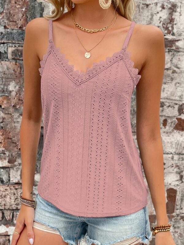 Eyelet Contrast Lace Cami Top, Casual V-neck Spaghetti Strap Top For Summer, Women's Clothing For Coquette/Cute/Y2K Style - Image 19