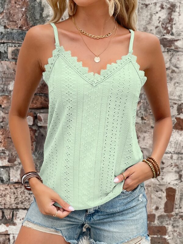 Eyelet Contrast Lace Cami Top, Casual V-neck Spaghetti Strap Top For Summer, Women's Clothing For Coquette/Cute/Y2K Style - Image 25