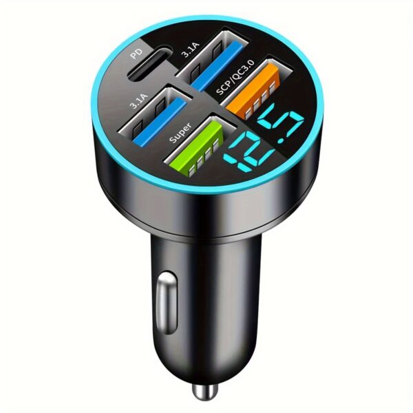 Car Charger 5 Ports USB Super Fast Charging Intelligent Phone Charging Voltage Detection Digital Display Car Adapter Mobile Phone Charger - Image 5