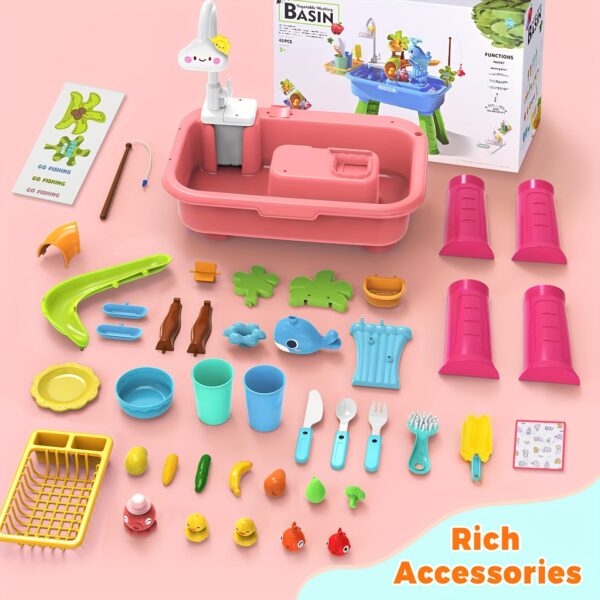 Water Table - Outdoor Sensory Play Table with Water Pump, Running Water Faucet & Sand Play Table, Role Play Table - Pink/Blue/Green - Image 8